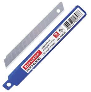Лезвия для ножей 9 мм 10 шт/уп BRAUBERG толщина лезвия 0,38 мм, в пластиковом пенале, 23092