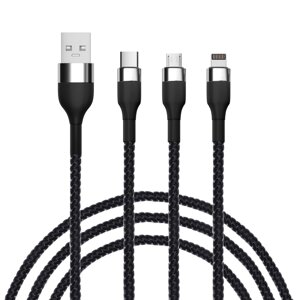 BY Кабель для зарядки 3 в 1 iP/Micro USB/Type-C, 1.5м, 2.1А, тканевая оплётка, металлик, черный