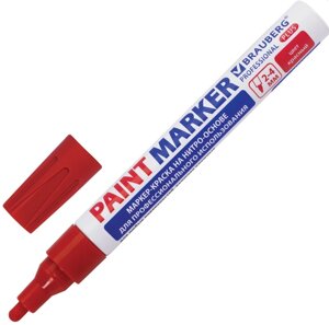 Маркер-краска лаковый (paint marker) 4 мм, КРАСНЫЙ, НИТРО-ОСНОВА, алюминиевый корпус, BRAUBERG PROFE