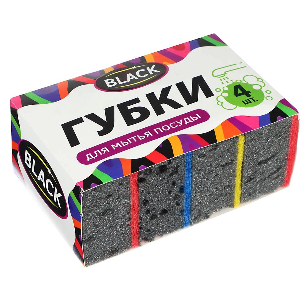 VETTA Набор губок для мытья посуды BLACK, 4 шт, 10,7х6,5x4 см, цветной абразив от компании ООО "Барс" - фото 1