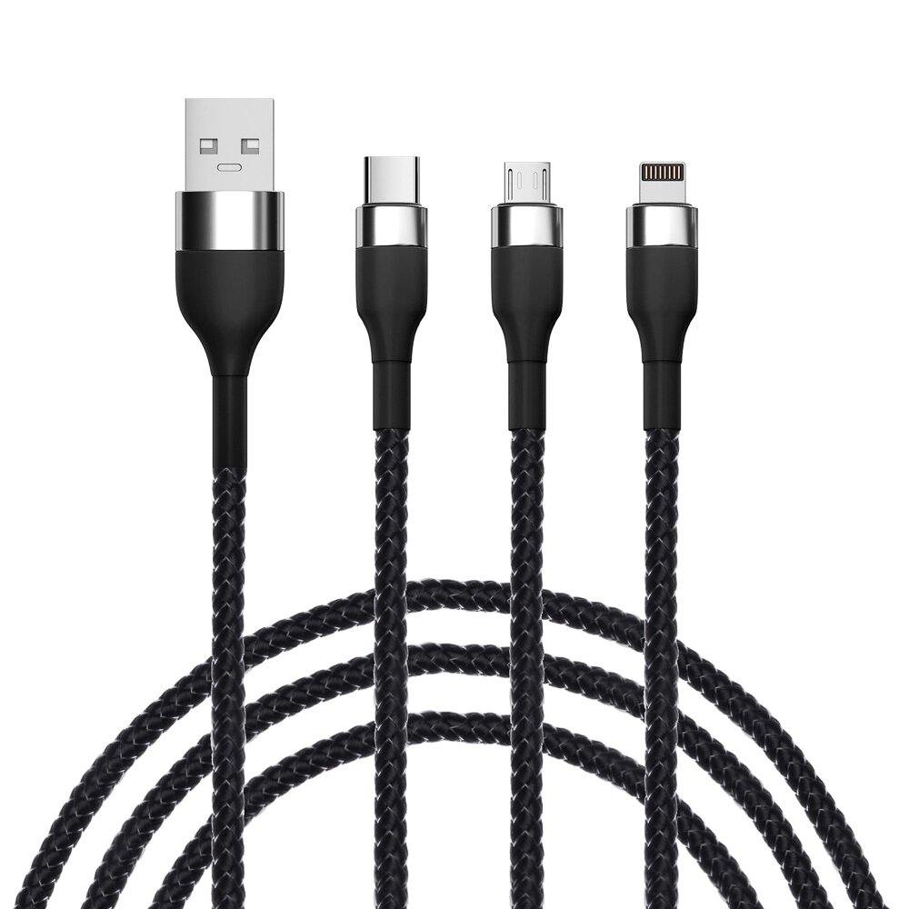 ВСЁГАЗИН Кабель для зарядки 3 в 1, iP/Micro USB/Type-C, 1.5м, 2.1А, тканевая оплётка, черный от компании ООО "Барс" - фото 1