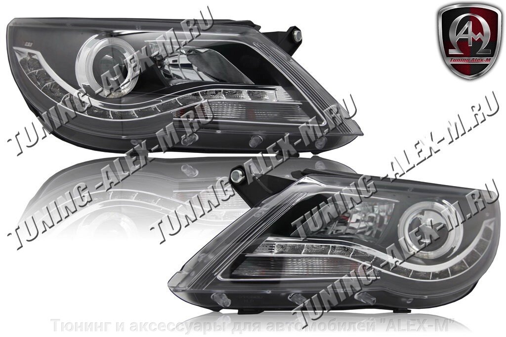 Фары передние чёрные ангельские глазки + диоды без корректора для VW Tiguan 2008-2010 от компании Тюнинг и аксессуары для автомобилей "ALEX-M" - фото 1