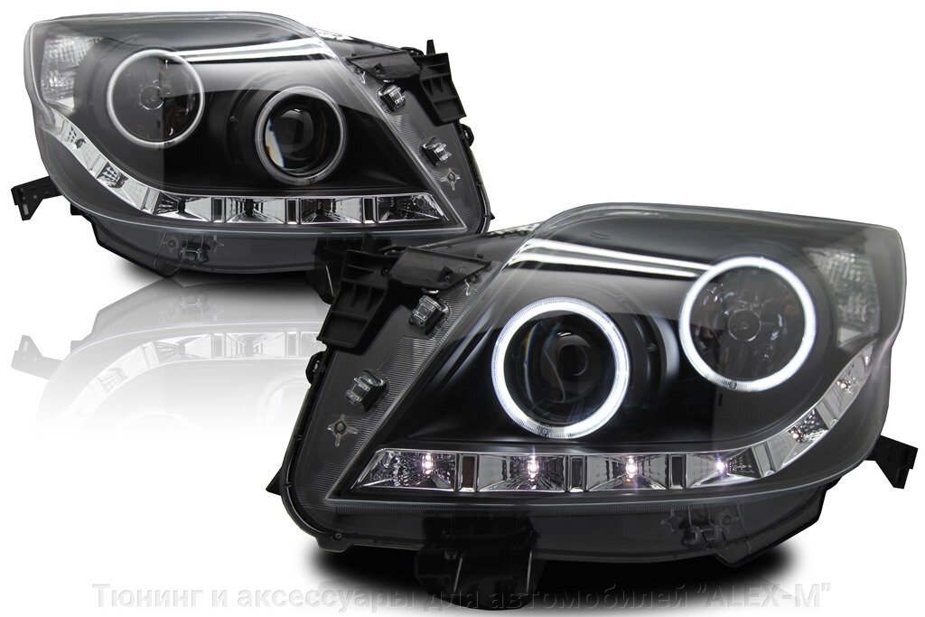 Фары передние чёрные ангельские глазки со светодиодами в стиле Audi для Toyota Prado 150 2009-2013 от компании Тюнинг и аксессуары для автомобилей "ALEX-M" - фото 1