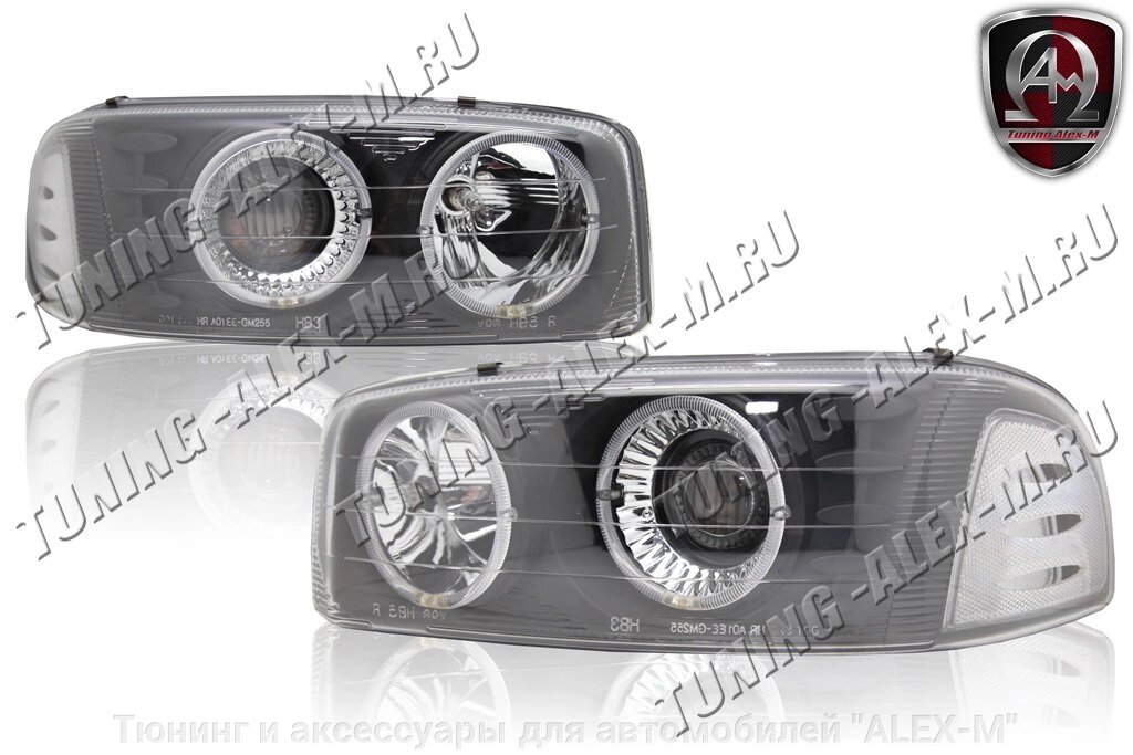Фары передние чёрные линза + ангельские глазки для GMC 2000-2006 от компании Тюнинг и аксессуары для автомобилей "ALEX-M" - фото 1