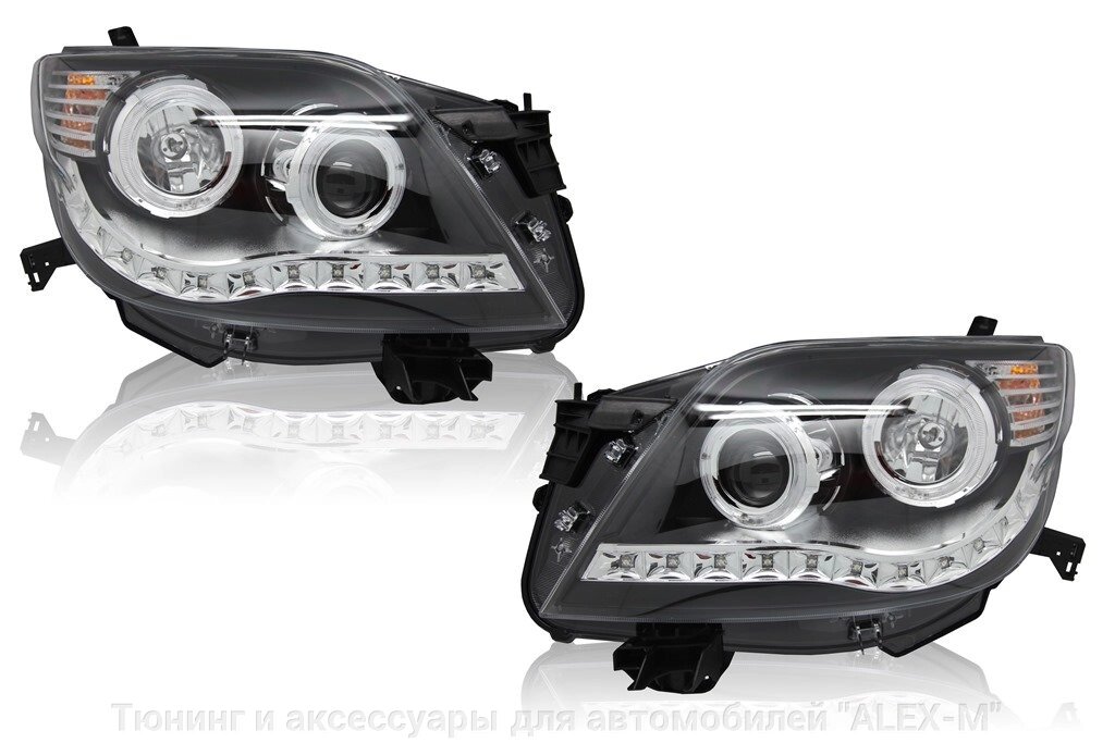 Фары передние чёрные с ангельскими глазками в стиле Audi для Toyota Prado 150 2009-2013 от компании Тюнинг и аксессуары для автомобилей "ALEX-M" - фото 1