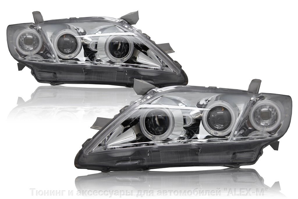Фары передние хромированные линзованные ангельские глазки для Toyota Camry V40 2006-2008 от компании Тюнинг и аксессуары для автомобилей "ALEX-M" - фото 1