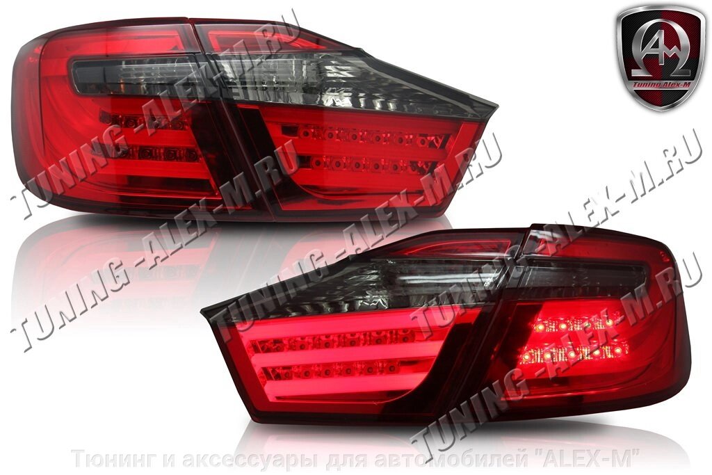 Фонари задние светодиодные красные + тонированные стиль «BMW F30» 3 габаритные полосы для Toyota Camry 2011- от компании Тюнинг и аксессуары для автомобилей "ALEX-M" - фото 1