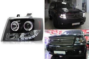 Фары передние чёрные со светодиодами и ангельскими глазками для Tahoe 2007-2014