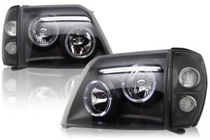 Фары передние чёрные с ангельскими глазками и поворотниками для Toyota Prado 90
