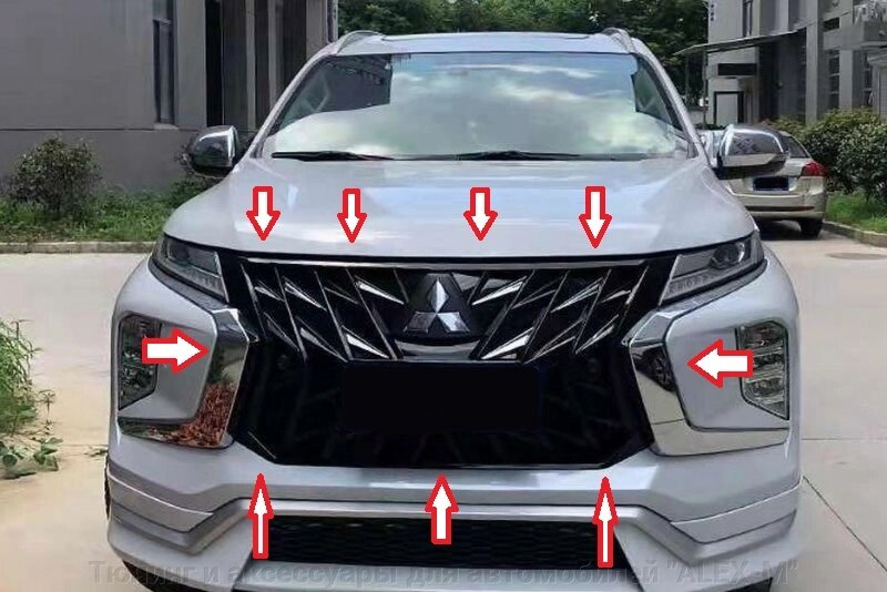Решётка радиатора чёрная с хромом треугольники (Китай) для Mitsubishi Pajero Sport III 2019-2023 (авто с парктрониками) от компании Тюнинг и аксессуары для автомобилей "ALEX-M" - фото 1