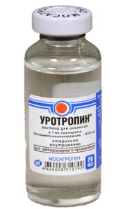 Уротропин 20 мл (антимикробное средство, выводит токсины) применяется при маститах, эндометритах, нефритах.