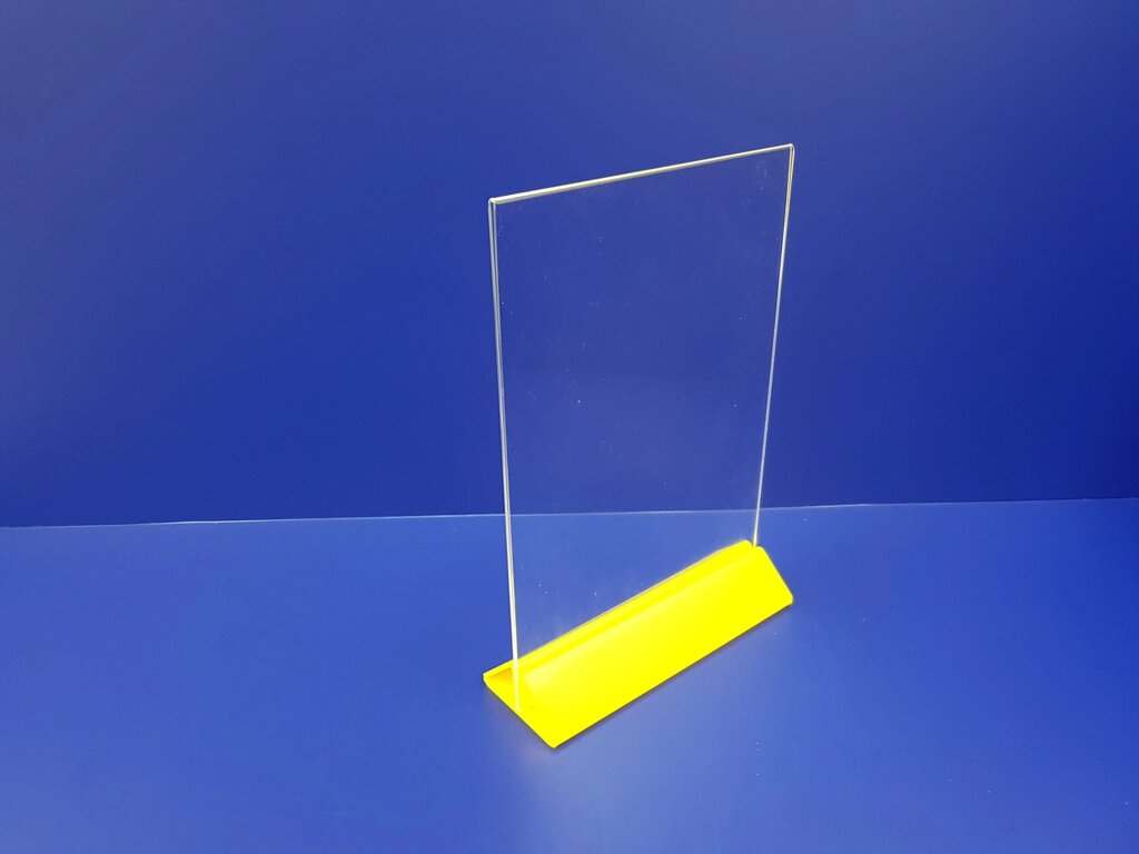 Менюхолдер из цветного оргстекла на желтом основании ф-а4 (вертикальный) от компании Изделия из оргстекла Plexiglas, акрила, Пэт, ПВХ. POS материалы. - фото 1