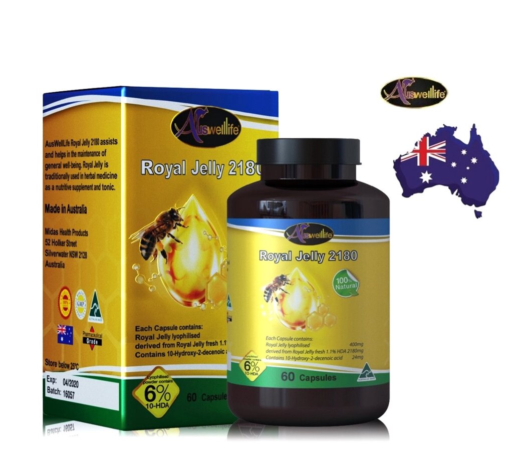 Маточное Молочко в капсулах Auswelllife Royal Jelly 2180 mg. 60 капсул Австралия от компании Тайская косметика и товары из Таиланда - Melissa - фото 1