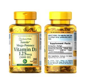 Витамин D3 Puritan's Pride Mega-Potency Vitamin D3 125 mcg (5000 IU), 200 капсул. США