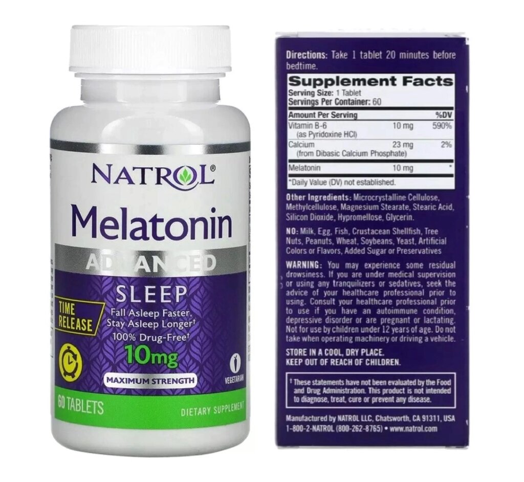 Препарат для нормализации сна Natrol Advanced Melatonin Calm Sleep, 3 mg / 5 mg / 10 mg США МЕЛАТОНИН 10 мг. - 60 КАПСУЛ от компании Тайская косметика и товары из Таиланда - Melissa - фото 1