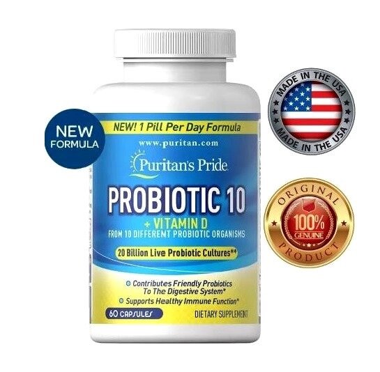 Пробиотик 10 Probiotic 10 + Vitamin D Puritan's Pride 20 Billion Live Probiotic Cultures, 60 капсул США от компании Тайская косметика и товары из Таиланда - Melissa - фото 1
