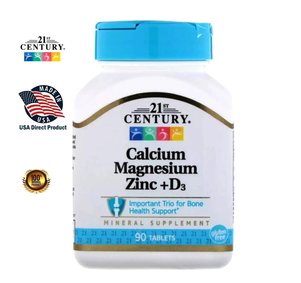 Витамин D3, Кальций, Магний, Цинк от 21st Century, Calcium Magnesium Zinc + D3, 90 капсул. США от компании Тайская косметика и товары из Таиланда - Melissa - фото 1