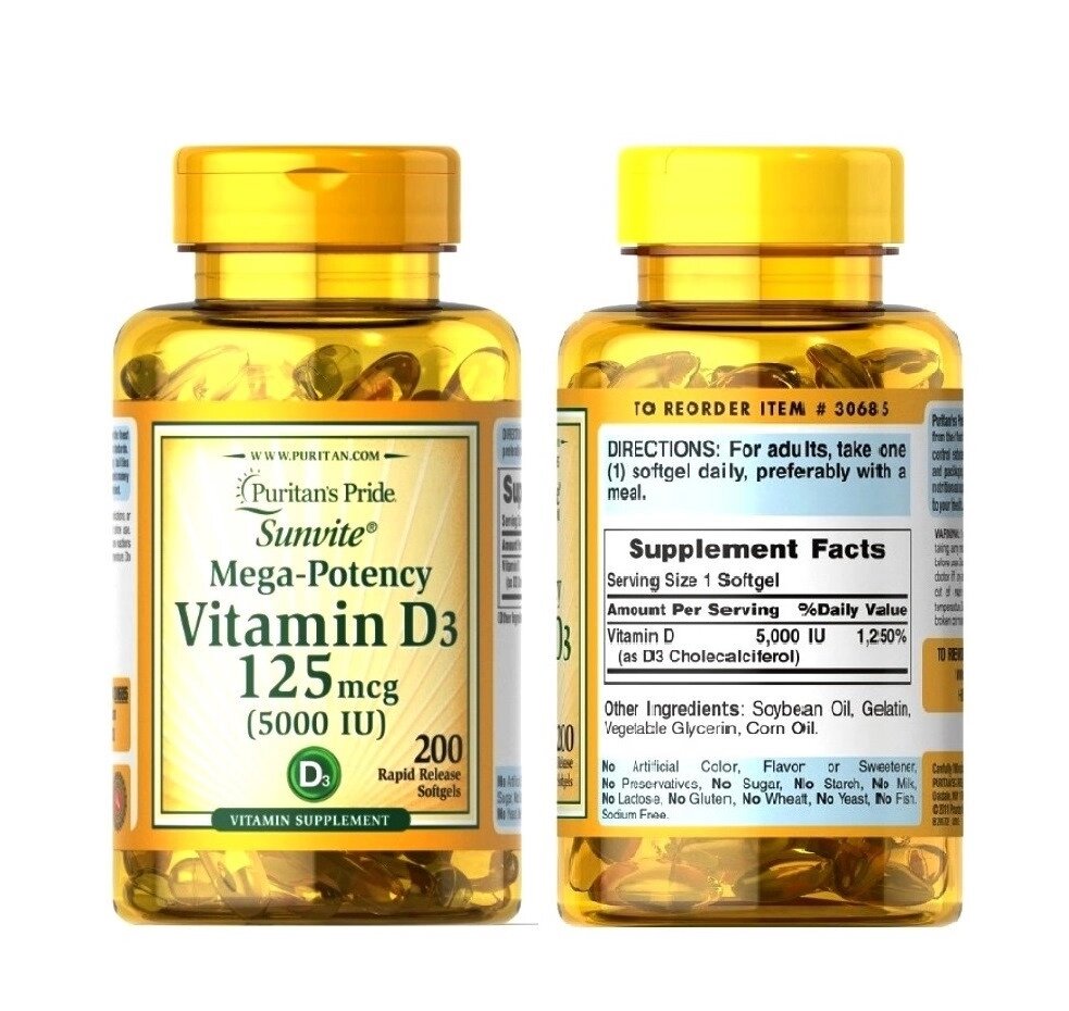 Витамин D3 Puritan's Pride Mega-Potency Vitamin D3 125 mcg (5000 IU), 200 капсул. США от компании Тайская косметика и товары из Таиланда - Melissa - фото 1