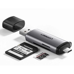 Кардридер UGreen CM184 (50704) USB-C TF + SD Card Reader серый
