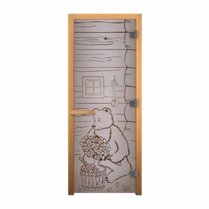 Дверь стекло Сатин Матовая "Мишка" 1900х700 мм (8мм, 3 петли, коробка осина, открывание правое) Везувий