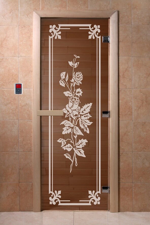 Дверь стеклянная банная "Розы", 3 петли,  стекло 8 мм, коробка Ольха ##от компании## ProPechi - ##фото## 1
