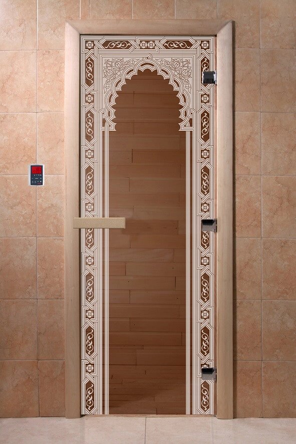 Дверь стеклянная банная "Восточная арка", 3 петли,  стекло 8 мм, коробка Ольха ##от компании## ProPechi - ##фото## 1