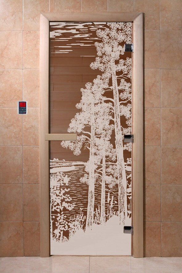 Дверь  стеклянная «Рассвет» (бронза матовое) 1900х700, 8 мм, 3 петли, коробка ольха, Банный Эксперт от компании ProPechi - фото 1