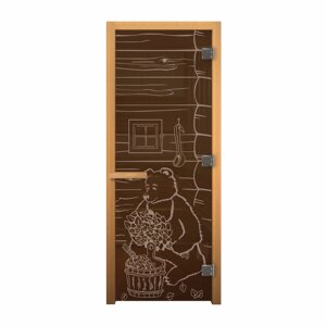 Дверь стекло Бронза "Мишка" 1900х700 мм (8мм, 3 петли хром, коробка осина, открывание правое) Везувий