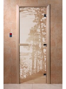 Дверь стеклянная «Рассвет» (сатин) 1900х700, 8 мм, 3 петли коробка ольха Банный Эксперт