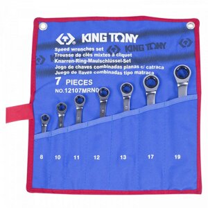 12107MRN01 KING TONY Набор комбинированных трещоточных ключей, 8-19 мм, чехол из теторона, 7 предметов