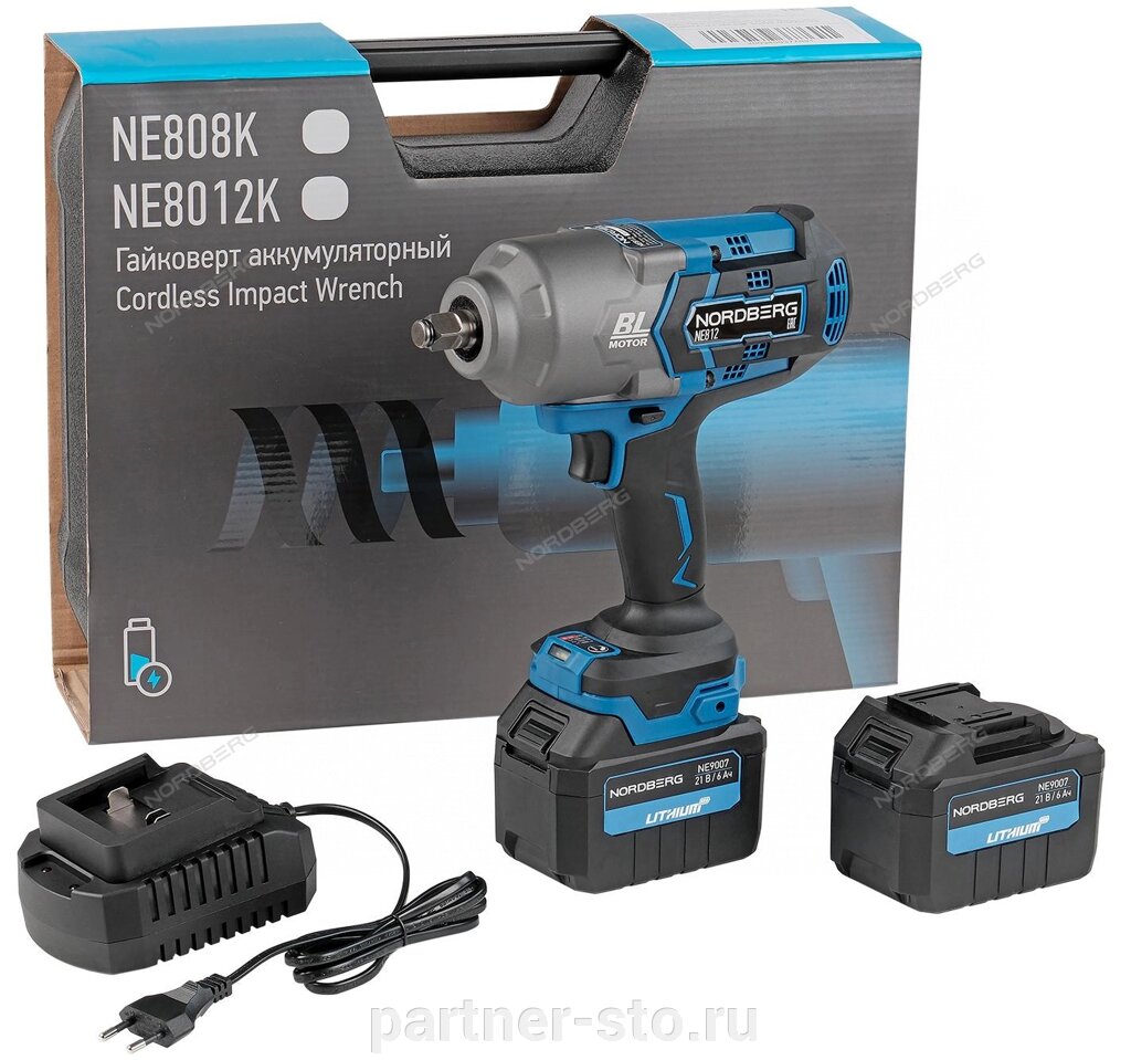 Гайковерт аккумуляторный NORDBERG NE812K 1/2", 21В, 1700 Нм с двумя 6A акк. и зар. уст-вом 1,8A, в кейсе от компании Партнёр-СТО - оборудование и инструмент для автосервиса и шиномонтажа. - фото 1