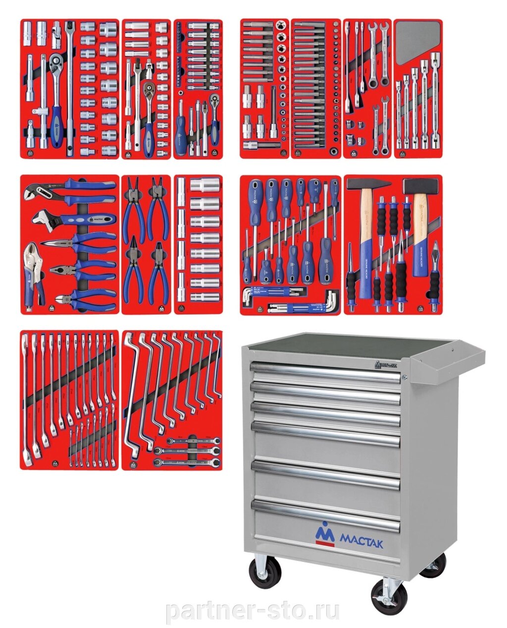 Набор инструментов ЛИДЕР в серой тележке, 270 предметов МАСТАК 52-06270G от компании Партнёр-СТО - оборудование и инструмент для автосервиса и шиномонтажа. - фото 1