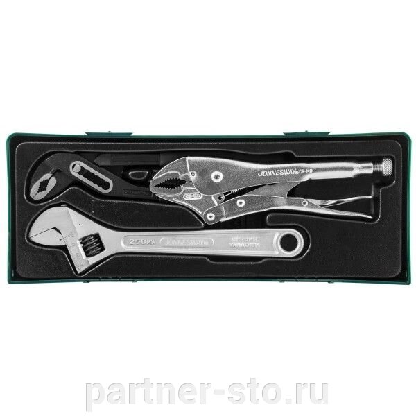 P2803ST Jonnesway Набор инструмента: разводной ключ, ручные тиски, переставные клещи, 3 предмета (ложемент) - гарантия