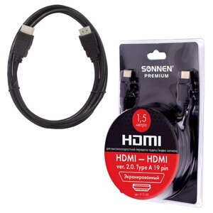Кабель HDMI AM-AM, 1,5 м, SONNEN Premium, ver 2.0, FullHD, 4К, UltraHD, для ноутбука, компьютера, монитора, телевизора,