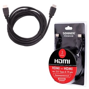 Кабель HDMI AM-AM, 3 м, SONNEN Premium, ver 2.0, FullHD, 4К, UltraHD, для ноутбука, компьютера, монитора, телевизора,