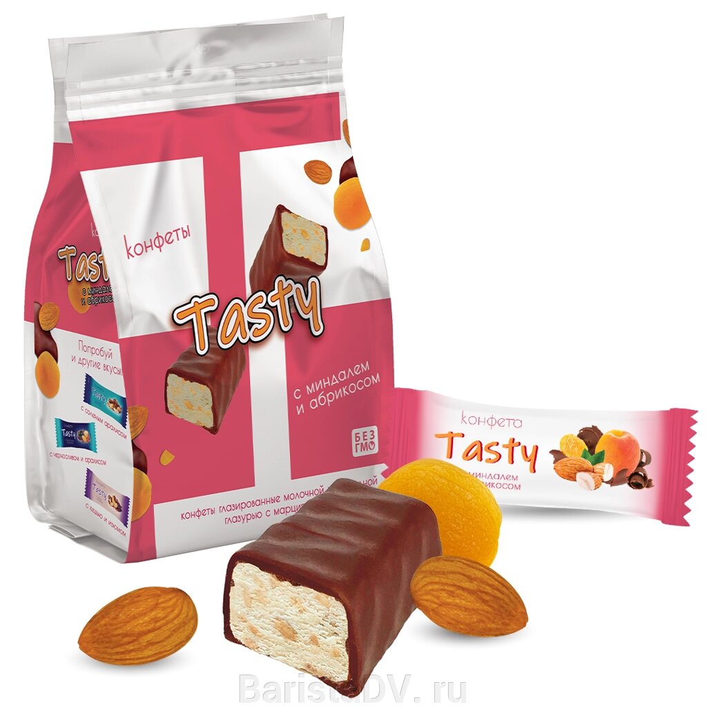 Конфеты глазированные молочной шоколадной глазурью с марципановым корпусом «Tasty абрикос с миндалем» (150 г) от компании BaristaDV. ru - фото 1