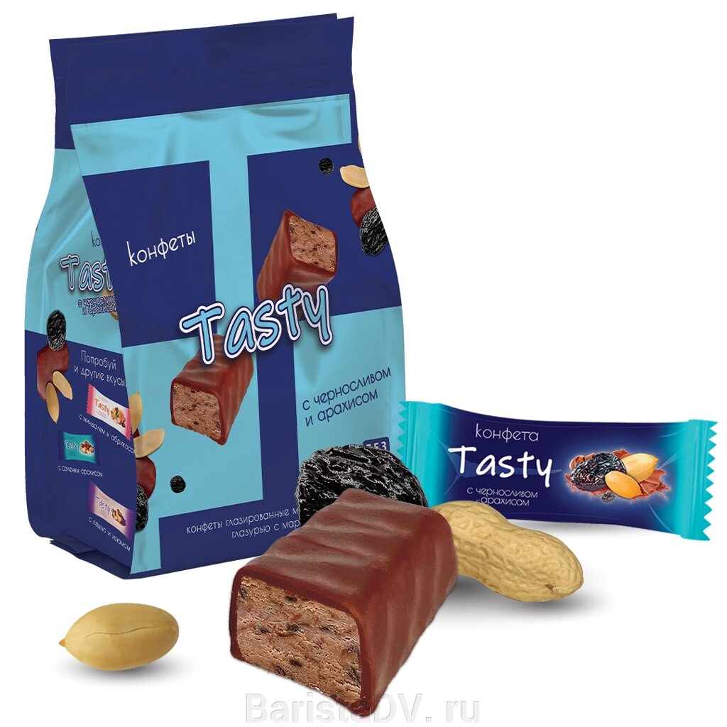 Конфеты глазированные молочной шоколадной глазурью с марципановым корпусом «Tasty с черносливом и арахисом» (150 г) от компании BaristaDV. ru - фото 1