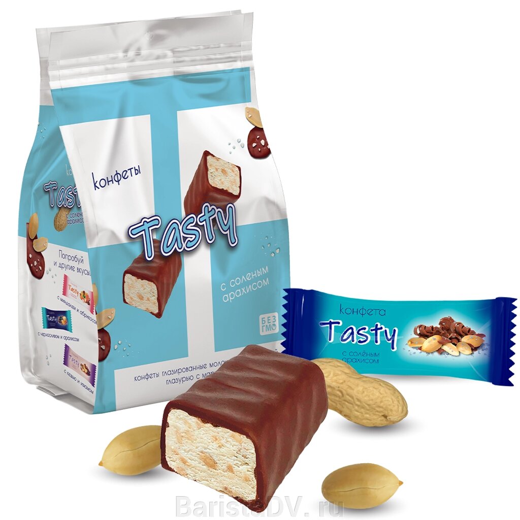 Конфеты глазированные молочной шоколадной глазурью с марципановым корпусом  «Tasty с соленым арахисом » (150 г) от компании BaristaDV. ru - фото 1