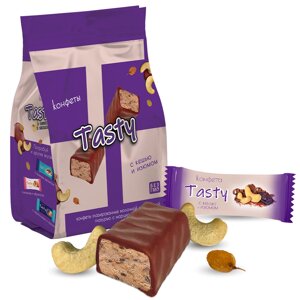 Конфеты глазированные молочной шоколадной глазурью с марципановым корпусом «Tasty с кешью и изюмом» (150 г)