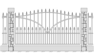 Кованое ограждение с чередующимися по высоте вертикальными элементами с оформлением верхних краев пиками