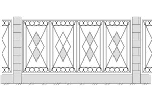 Кованое ограждение с геометрическими элементами круга, ромба в Ампир стиле