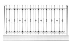 Кованое ограждение с вертикальными элементами, элементами в виде волюты с оформлением верхнего края стрелами
