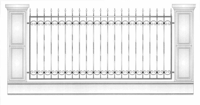 Кованое ограждение с вертикальными элементами, элементами волюты от компании Ковка-Трейд - фото 1