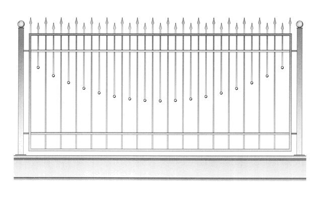 Кованое ограждение с вертикальными элементами различной длины с оформлением верхних краев стрелами от компании Ковка-Трейд - фото 1