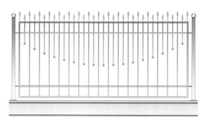 Кованое ограждение с вертикальными элементами различной длины с оформлением верхних краев стрелами