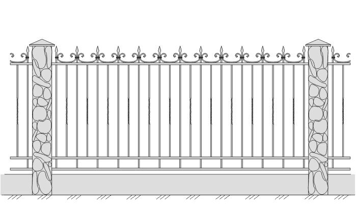 Кованое ограждение с вертикальными элементами с оформлением верхнего края завитым узором от компании Ковка-Трейд - фото 1