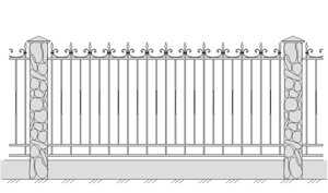 Кованое ограждение с вертикальными элементами с оформлением верхнего края завитым узором