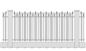 Кованое ограждение с вертикальными и дугообразными элементами с оформлением верхнего края пикой