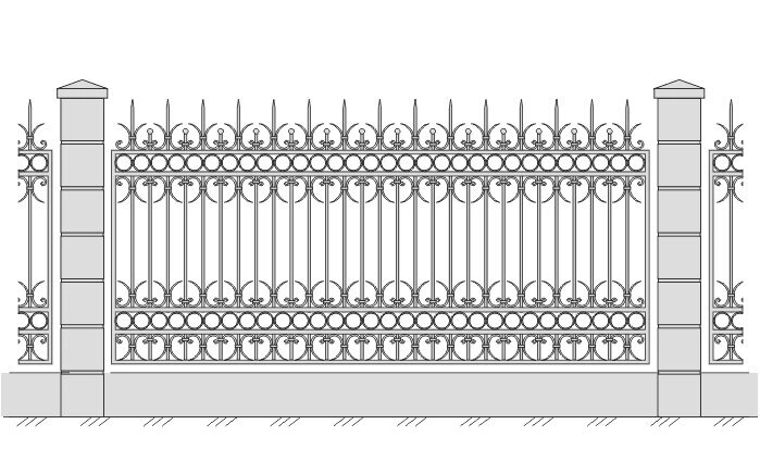 Кованое ограждение с вертикальными, кругообразными элементами, кружочками от компании Ковка-Трейд - фото 1