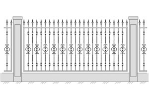 Кованое ограждение с вертикальными элементами, оформленными в центре рисунком и верхними краями-стрелами